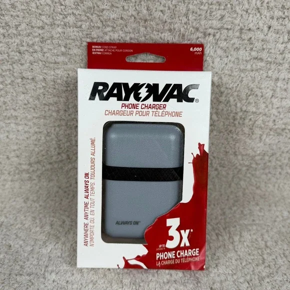 Rayovac PS93GY Always On 6000 mAh Portable‎ Phone Charger Power Bank Grey 2 USB