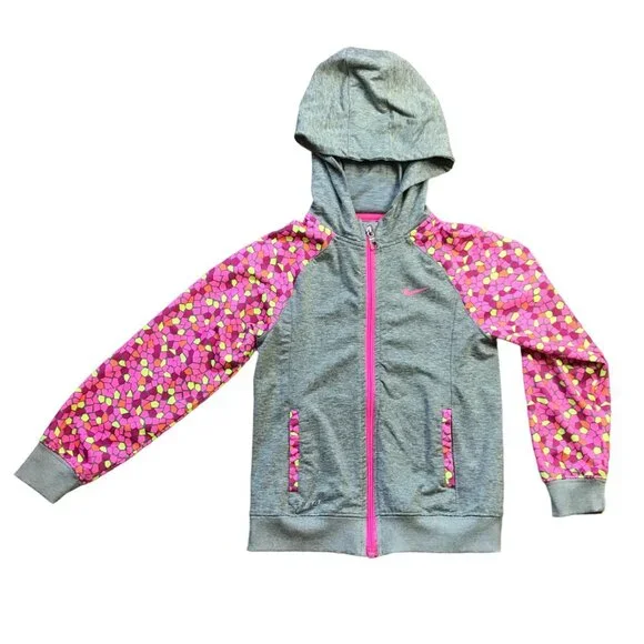 Nike Dri-Fit Lightweight Full Zip Jacket Girls Size 6 Gray, Pink Zipper Pockets‎