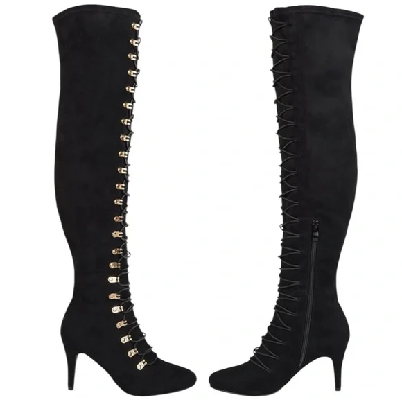 Journee Trill Black Wide Calf Thigh High Heeled Lace Up Boot Women’s Size 8.5