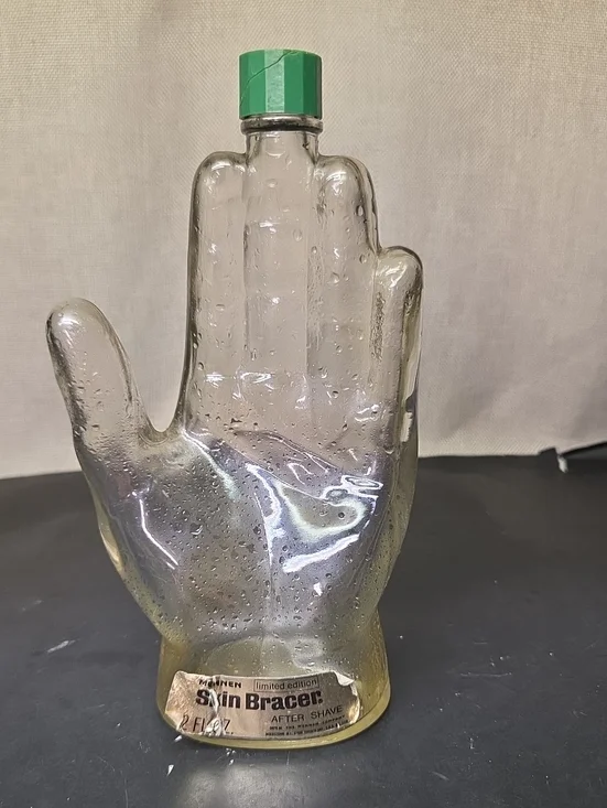 Vintage Mennen Hand Shaped Glass Aftershave Bottle, MCM 1970’s With Label (#1)
