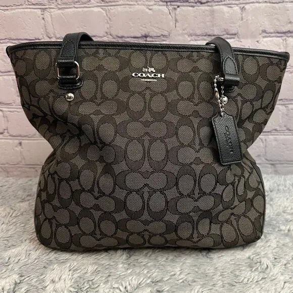 Coach Signature Monogram Canvas Tote Shoulder Bag Black & Gray Zip Closure