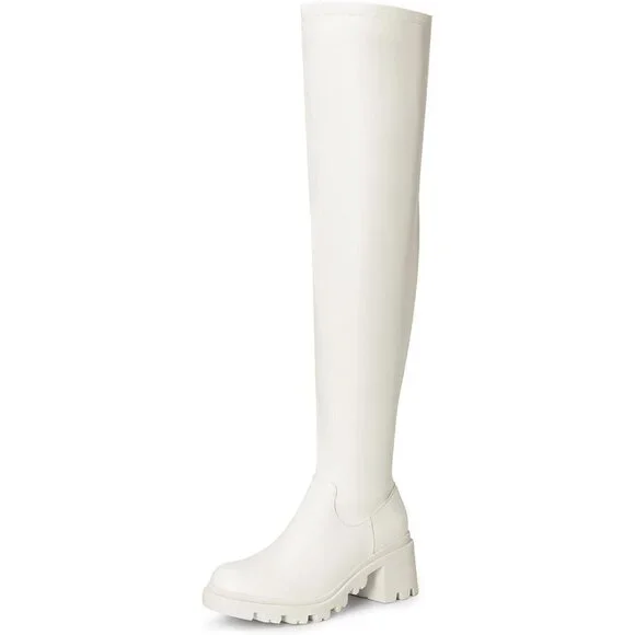 Women's White-pu Faux Leather Knee High Over The Knee High Chunky Heel Boots