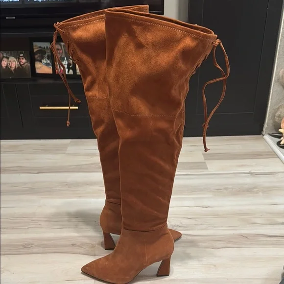 Vince Camuto Taplana Over The Knee Boots 7.5 Cognac Suede Pointed Toe Unworn