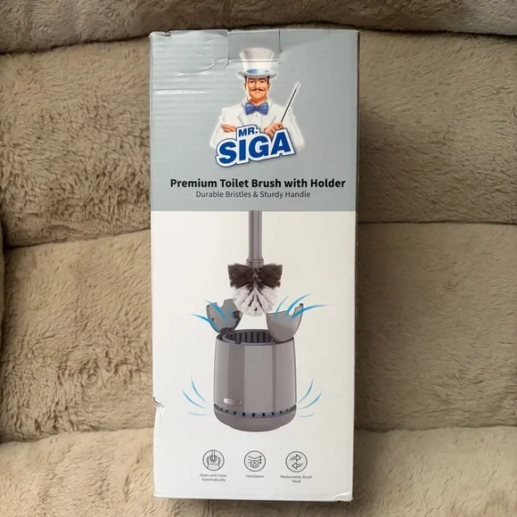 NIB Mr. Siga Premium Toilet Brush & Holder Gray | Auto Open/Close | Ventilated