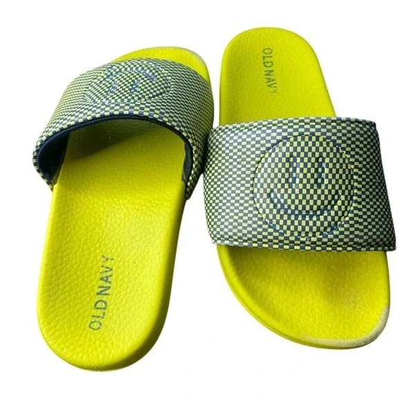 Old Navy Kids Yellow Smiley Sandals Sporty Slip-On Slides Cushy Summer Sz‎ 12/13