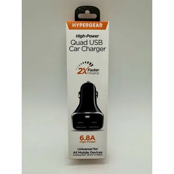 HyperGear Quad 4-Port USB 6.8A Car Phone Charger Black NEW‎