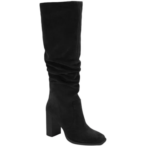 Women's Black Chunky High Heel Square Zipper Wide Calf Knee High Boots