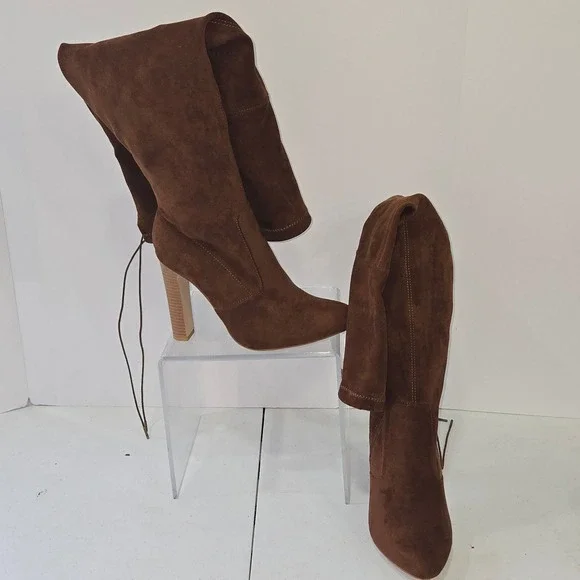 Justfab Brown Faux Suede Over The Knee Boots Block Heel Pointed Toe 8M