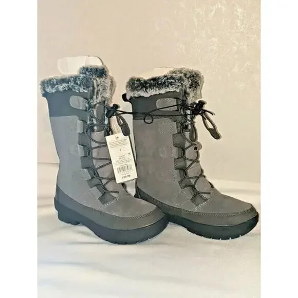 All In Motion Girls sz 1 Insulated Winter Boot Grey Suede With Fur Lining 10