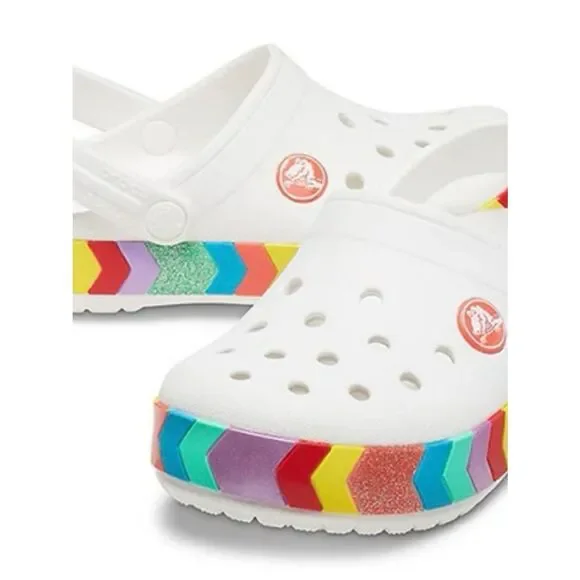 CROCS White Kids' Classic Clog with Rainbow Chevron Trim Sz 11
