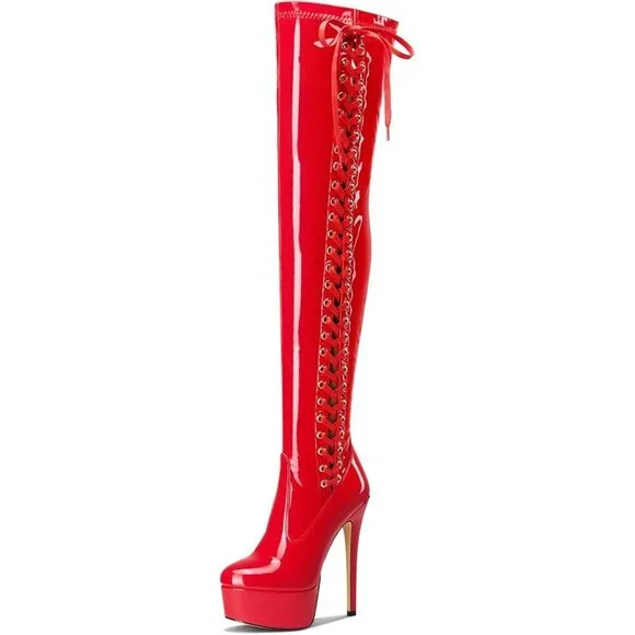 Womens Red Over The Knee Patent Leather Thigh High Zipper 5.9In High Heel Boots