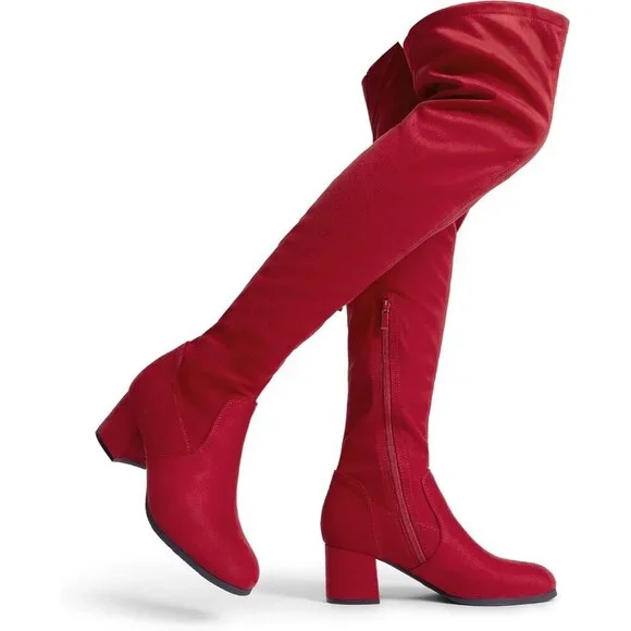 Women's Red Suede Over The Knee Thigh High Chunky Heel Long Stretch Fall Boots