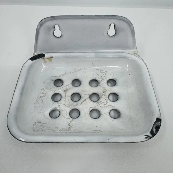 Antique Enamel 2 Piece Ware soap dish Blue White‎ Primitive Farmhouse Victorian