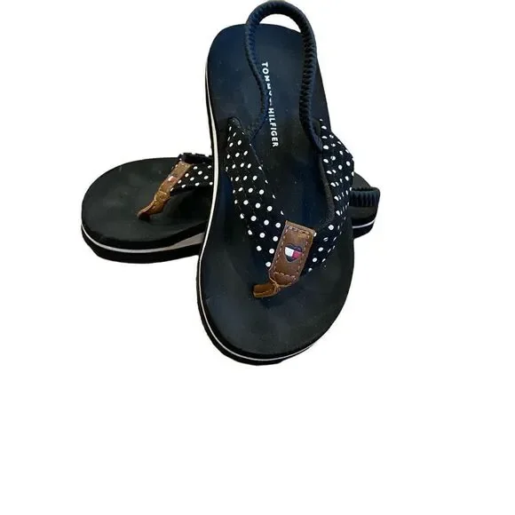 Tommy Hilfiger Sandals Black White Polka Dot Brown Leather Accents Size 8