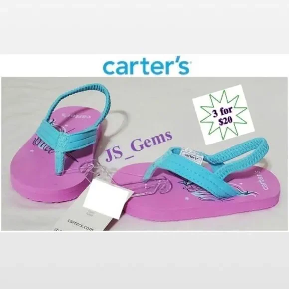 New Carters Kid Flip Flops Purple Unicorn Casual Sandal Shoes Girl Size 5 6