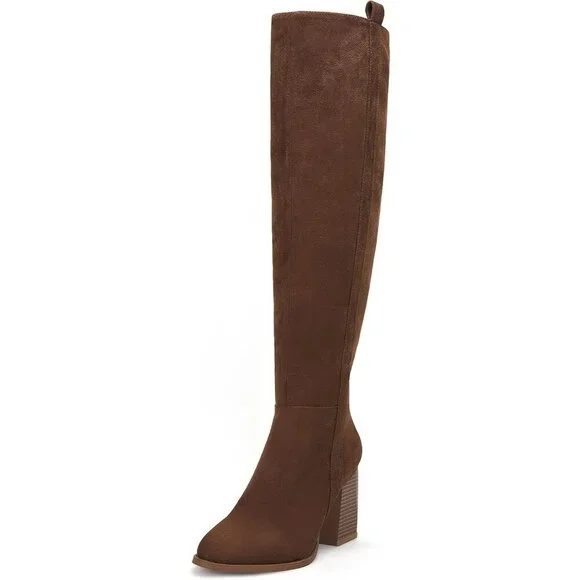 Womens Coffee Faux Suede Knee High Side Zipper Chunky Heel Stretch Winter Boots