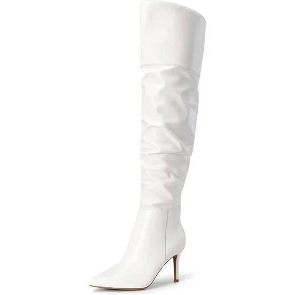Women's White-pu Faux Leather Over The Knee Boots Thigh High Pointed Toe Boot