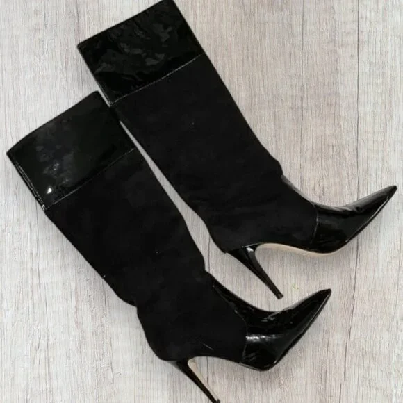 Kate Spade Black Suede Patent Leather Pointed Toe Stiletto Boots Womens 6.5