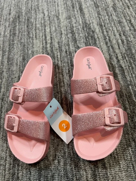 Cat & Jack Girls' Pink Glitter Double-Buckle Slide Sandals Size 2