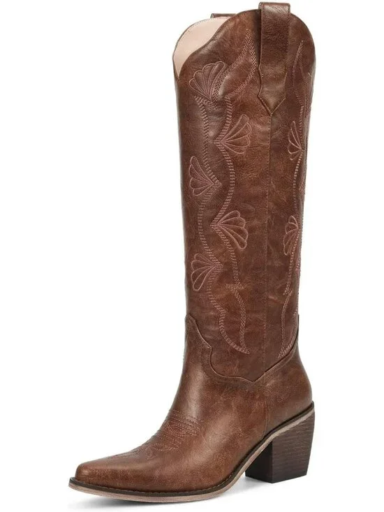 Women's Red Brown Chunky Heel Slip on Pointed Knee High Cowgirl Tall Boots