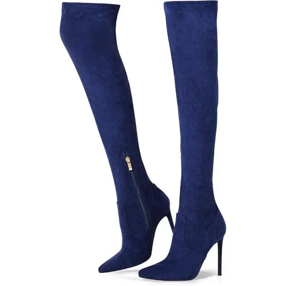 Women Navy Blue Suede Pointed Toe 4.3 inch Stilettos Thigh High Heels Boots