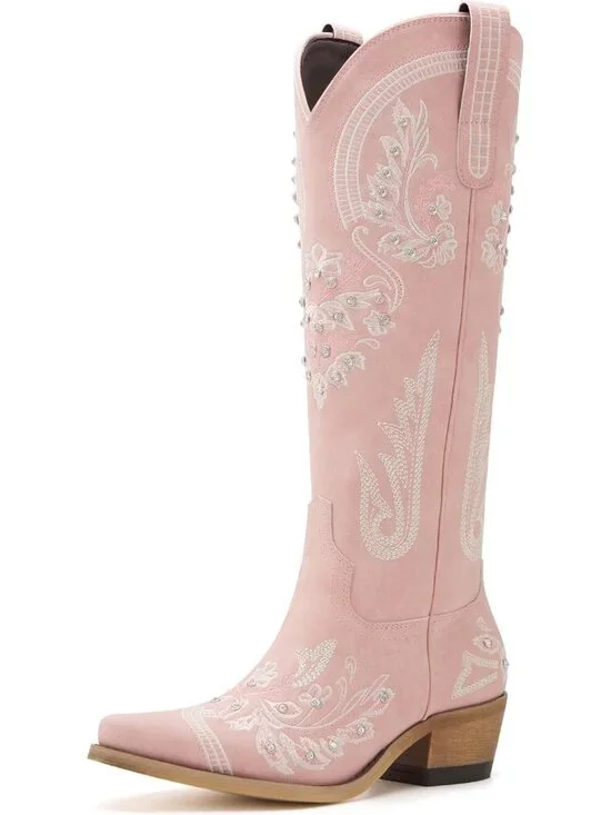 Women's Pink Knee High Embroidered Rhinestones Chunky Heel Tall Boots
