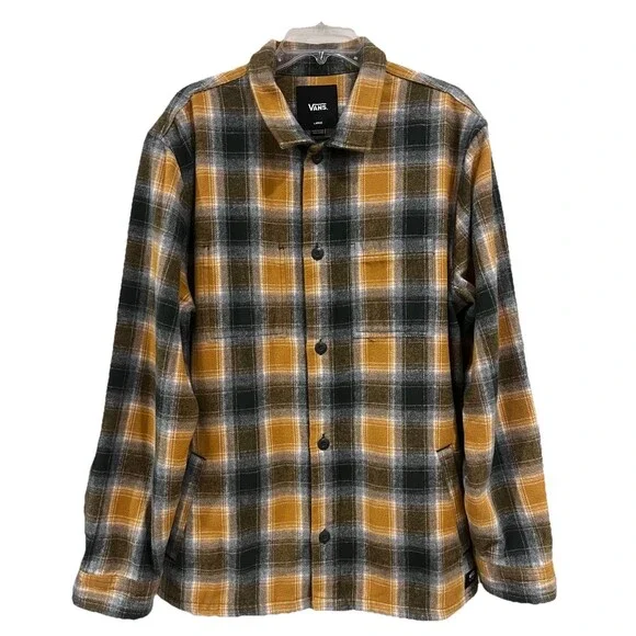 NWOT Vans Pemberton Heavy Shirt Jacket Flannel Plaid Shacket Large Yellow Gray
