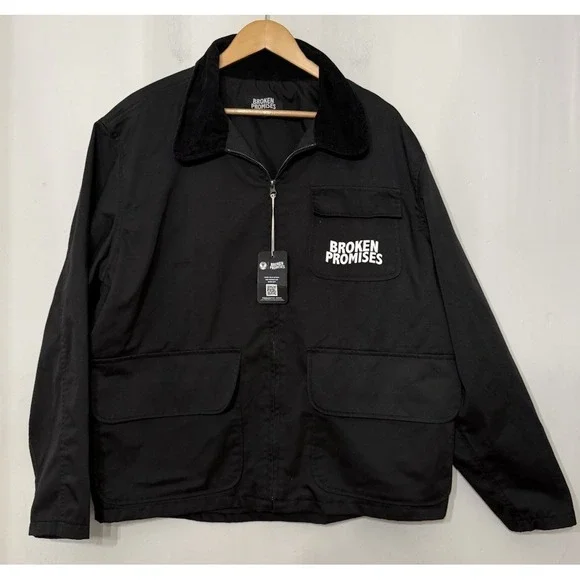 Broken Promises Mens Black Rabid Printed Work Jacket XL Chore Canvas NWT Skate‎