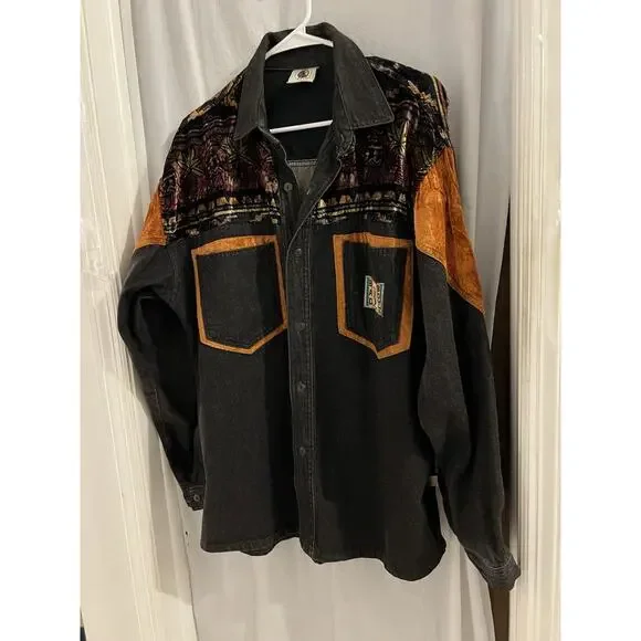 Bad Boyz Black Denim And Velvet Men’s Shacket Sz M Vintage