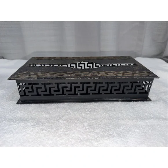 Plymouth Tole Ware Metal Hand Decorated  Black & Gold Wall Tissue Box Cover Long