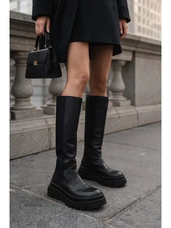 ZARA Black Leather Knee High Boots Chunky Platform Lug Sole Pull On Women Sze 41