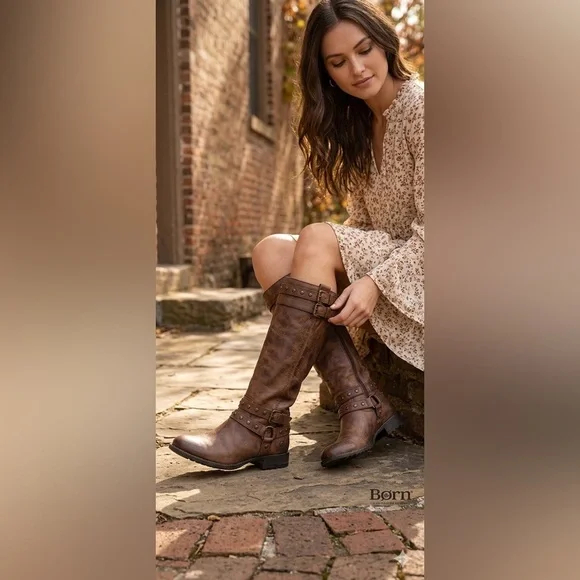 Born Gwynne Brown Leather Moto Biker Boots Distressed Harness Knee High | 7