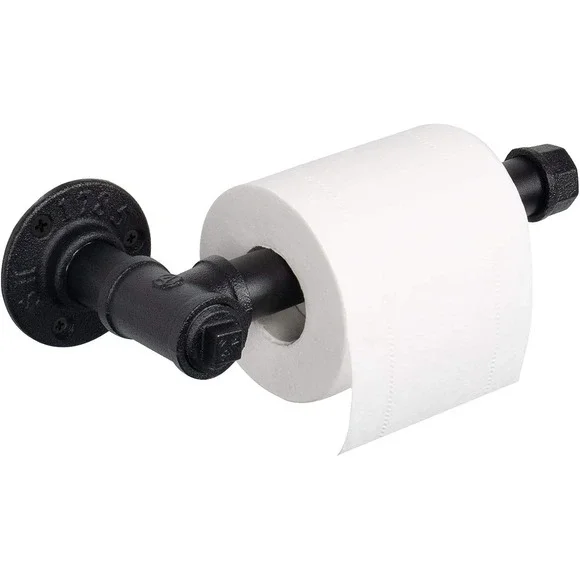 Industrial Black Iron Pipe Toilet Paper Holder Wall Mount Towel Rack Farmhouse