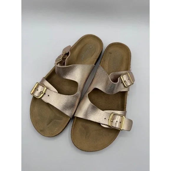 Cat & Jack Slide‎ Sandals Girls Size 5 Rose Gold Metallic Double Buckle Slides