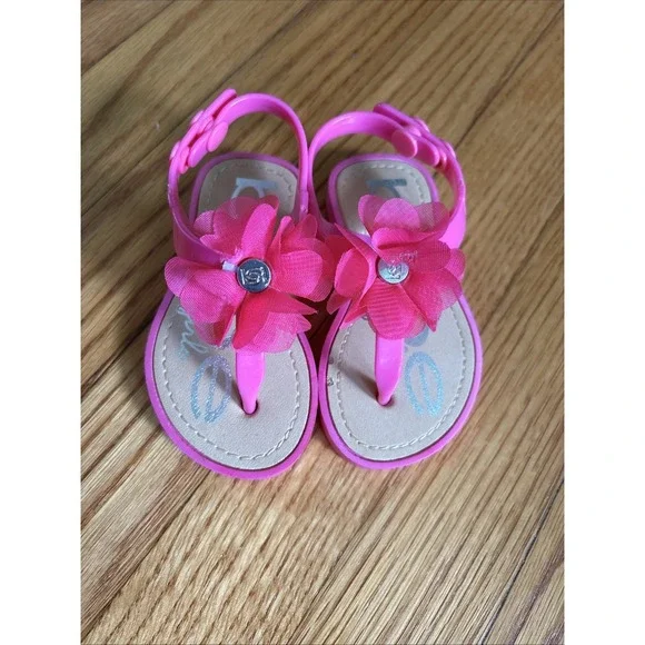 Bebe GIRLS S 5-6 Pink‎ Plastic Flower Summer Beach Strap Sandals Flats
