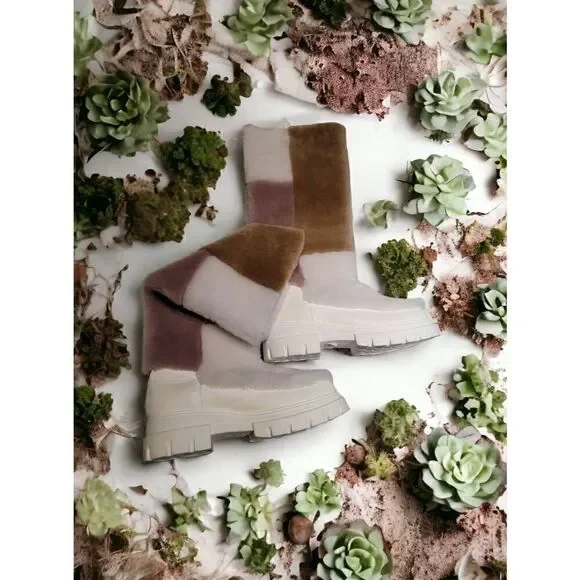 Free People Happy Thoughts Shearling Fur Boot Colorblock White Tan Rose 7 1/2