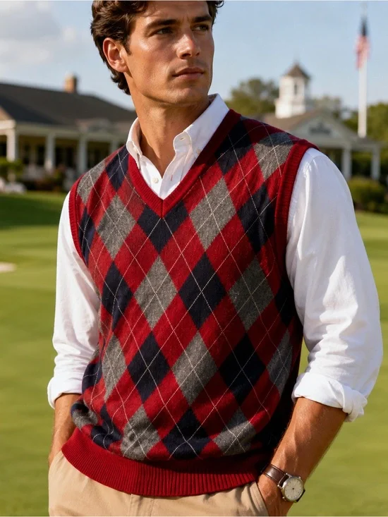Red Navy Argyle Sweater Vest Men’s Large Preppy Golfcore Cotton Knit