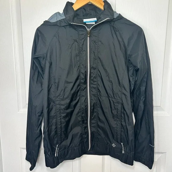 Columbia Mens Jacket Small Windbreaker Zip Hooded Black Lightweight OmniShield‎