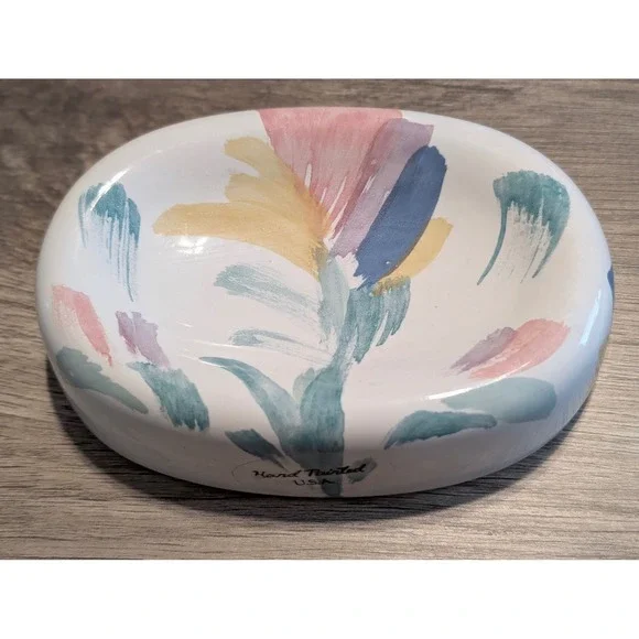 Vintage Ceramic Soap Dish Riviera Hand Painted USA White Abstract Floral Pastel