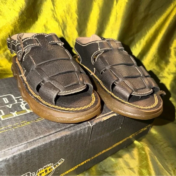 Dr. Martens Brown Leather Woven Sandals With Wavy Sole Vintage Made In England