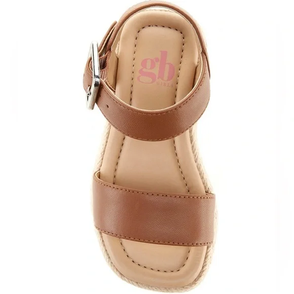 Girl’s Tan Leather Buckle Strap Wedge Sandals, Size 2 Little Girl
