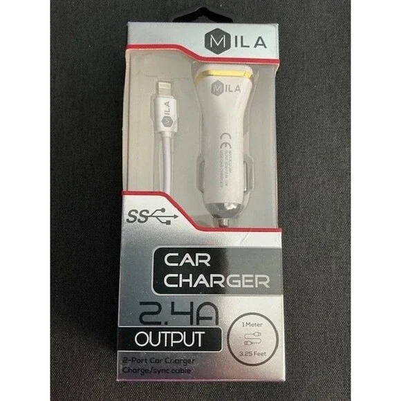 MILA Car Charger 2.4 A Output 2 Port 3.2 FT White IOS & Android Devices