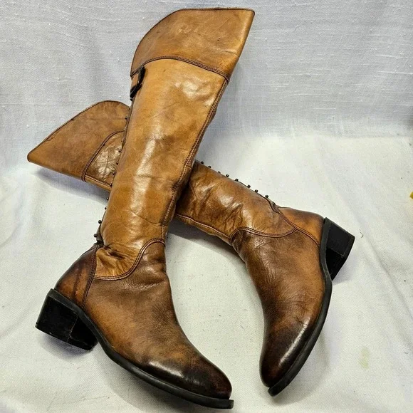 Vince Camuto Over The Knee Boots W 7.5 Brown Studded Distressed Leather Buckle
