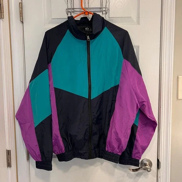 Du Zuo Mens Vintage Style Colorblock Windbreaker Jacket Navy Teal Purple Large