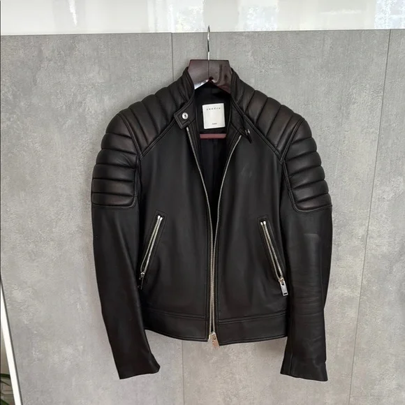 Sandro PERFECTO Black Classic Leather Jacket with Quilted Shoulders