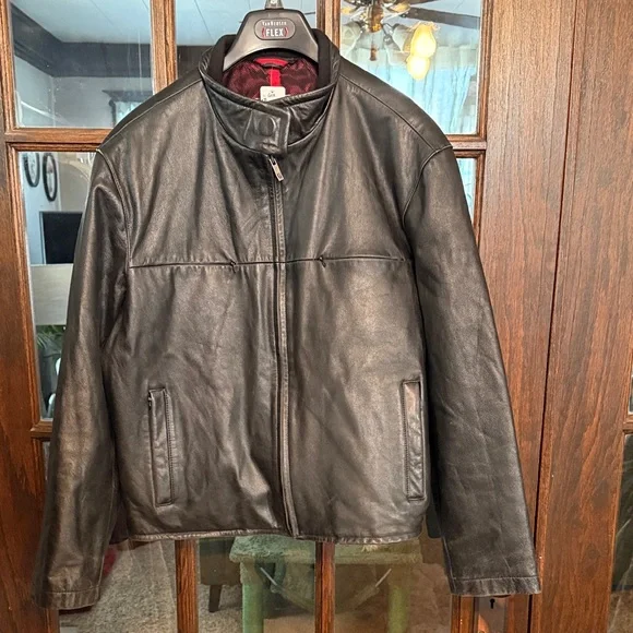 Guess Mens Black Leather Jacket Mock Neck Mesh Lined Quilted Elbows Size Large