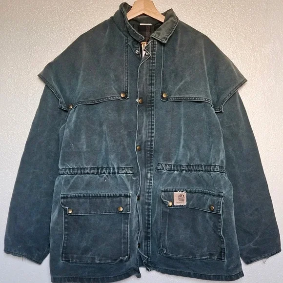 Vintage Carhartt Southwest Stockman Coat Duck Canvas Plaid Lined Teal Green