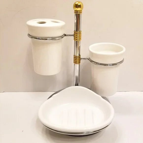 White Space-Saving Tower Bathroom Accessories Set Soap Dish Toothbrush Holdr Cup