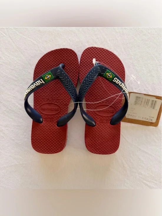 Havaianas Kids Red Flip Flops with Navy Straps and Brazil Flag 10 C Kids