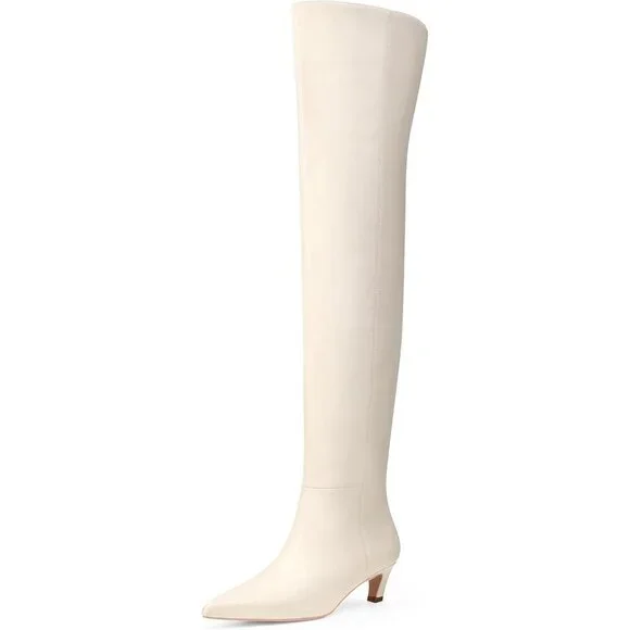 Women White Polyurethane Over the Knee Square Toe Block Heel Long Zipper Boots